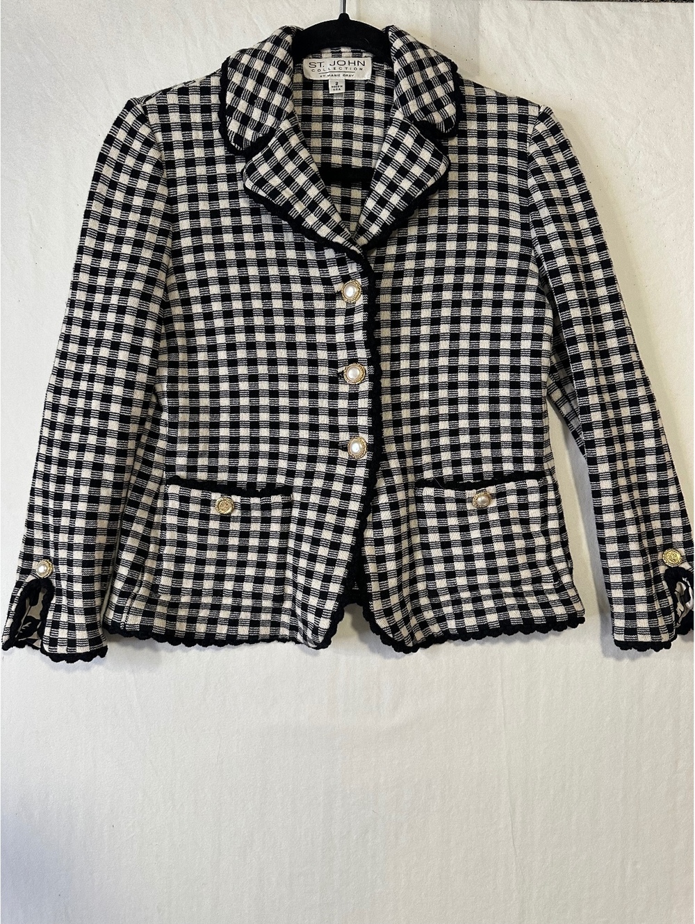Vintage St John Collection Marie Gray Check Knit Jacket Gold Buttons Sz 2